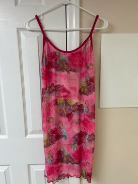 Sleeveless Pink Mesh Camisole Dress Sheer Floral
